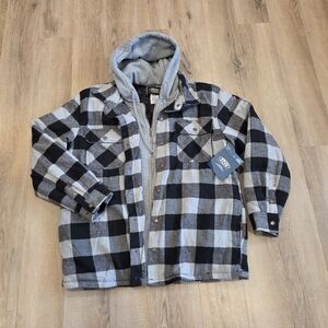 Rugged Wear Mens 2XL Hooded Quilted Flannel Shirt Jacket Black Gray Buffalo Plai